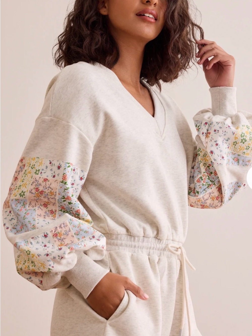 Altar'd State Cream Long-Sleeve Romper with Floral Puff Sleeves